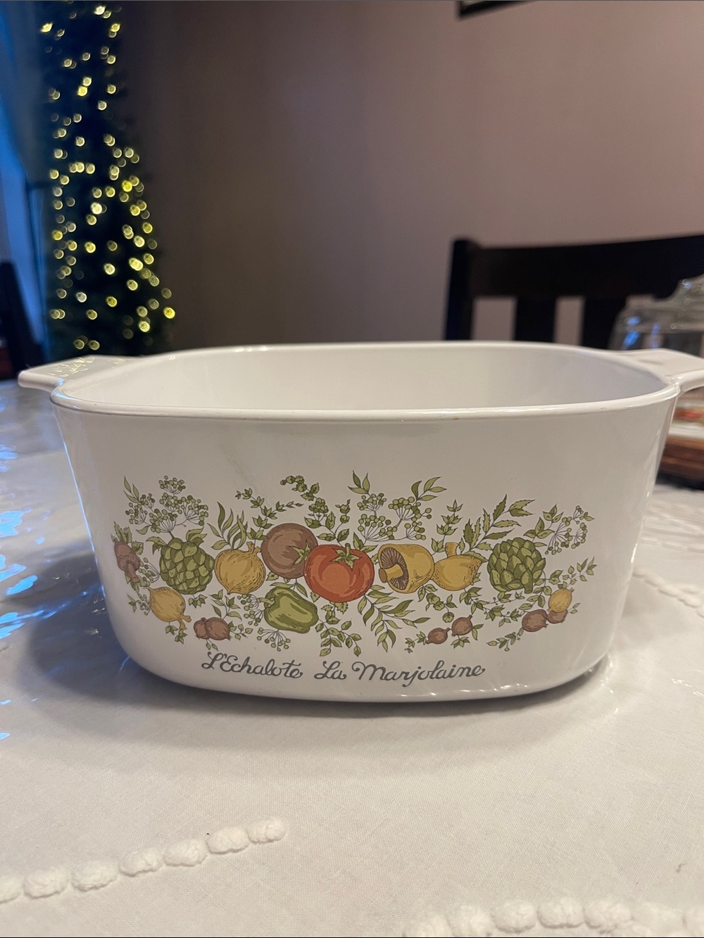 Corningware White Casserole with Green and Yellow Vegetable Motif